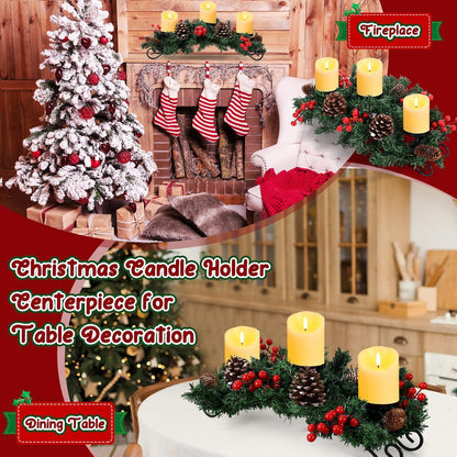 Mudder Christmas Table Centerpiece Set - 20'' Steel Base with 3 Flameless LED Candles & Red Berry Decor | Creamy White