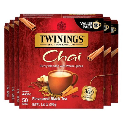 Twinings Chai Black Tea Individually Wrapped Bags, 50 Count (Pack of 6), Sweet, Savoury Spices, Caffeinated, Enjoy Hot or Iced, 300 Teabags