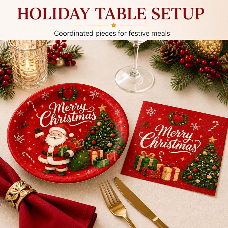 Christmas Plates and Napkins Set 50PCS 7 Inch - Santa & Trees Design Variation: Christmas