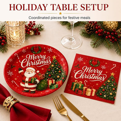 Christmas Plates and Napkins Set 50PCS 7 Inch - Santa & Trees Design Variation: Christmas