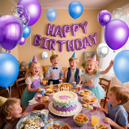 Skiennix 68Pcs Party Balloons Kit - 12 Inch Pearl Light Blue & Metallic Purple with Ribbons | Winter Theme Decor