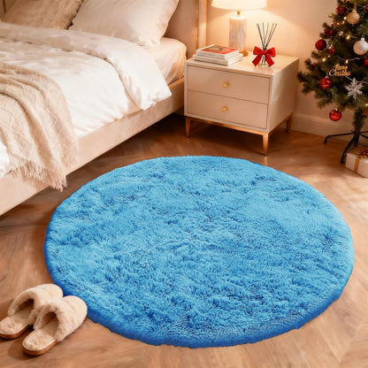 OLANLY Bright Blue Round Rug - Soft & Fluffy 4 ft Circle Area Rug for Bedroom & Living Room Decor