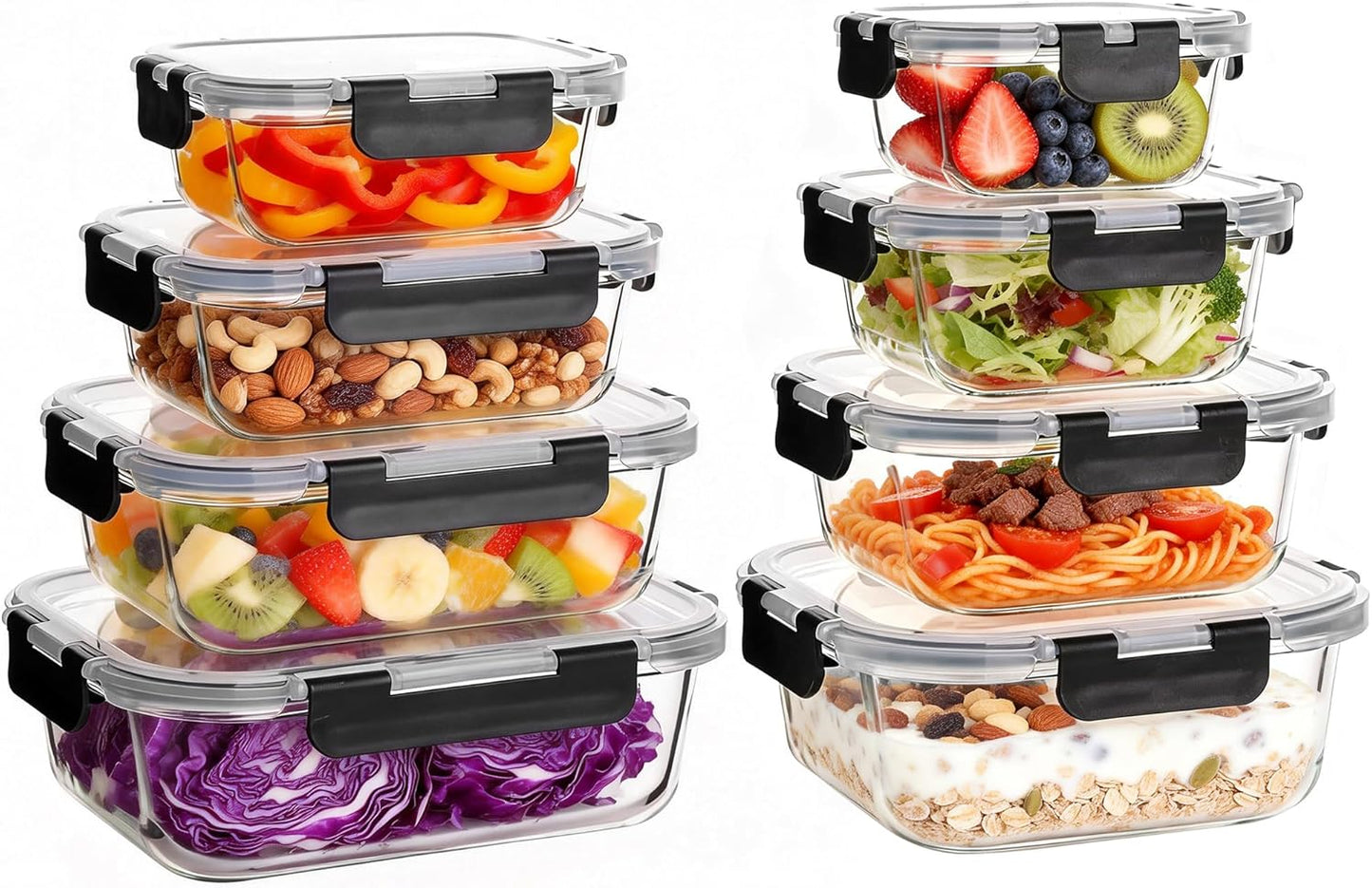 Regine Switzerland Glass Meal Prep Containers - Extra Thick Airtight Food Storage Set | 8 Pack (310ml-1510ml)