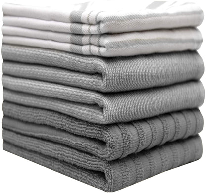 6 Pack 20x28" Absorbent Cotton Kitchen Towels with Hanging Loop - Grey Striped