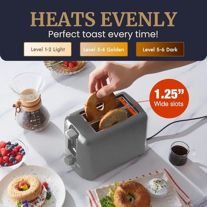 Elite Gourmet Cool-Touch 2-Slice Toaster - 6 Toast Settings & Extra Wide 1.25” Slots | Gunmetal Gray