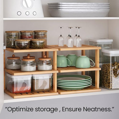 Bamboo Corner Shelf - 3 Tier Kitchen Cabinet Organizer for Plates & Dishes | Natural Finish, 2 Pack