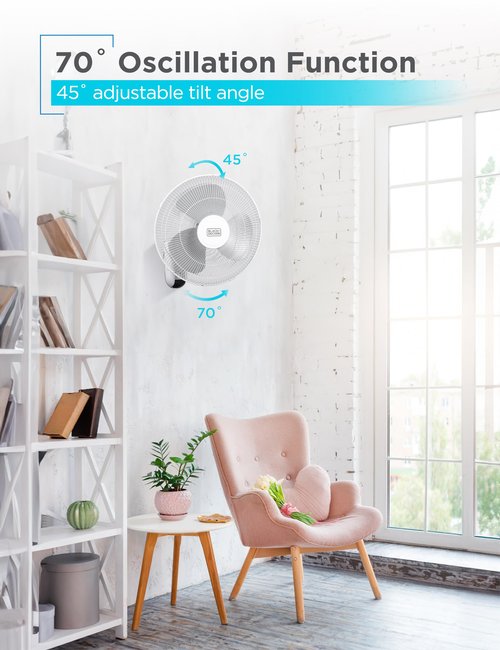 BLACK+DECKER 16" Wall Mount Fan With Remote Control, Oscillating With 3 Speed Settings and Shut Off Timer, Adjustable Tilt Angle, White