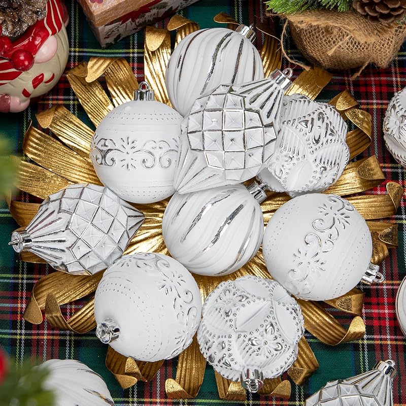 White Variation 16Pcs Shatterproof Christmas Ornament Set - Hand-Painted Assorted Sizes & Designs