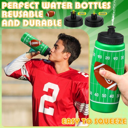 Funnymoom 24 Pcs Football Water Bottle Football Drawstring Bag Set with 50 Sticker Football Party Favors 12 Reusable Sports Squeeze Water Bottle 20oz 12 Football Goodie Gift Bag for Football Team Gift