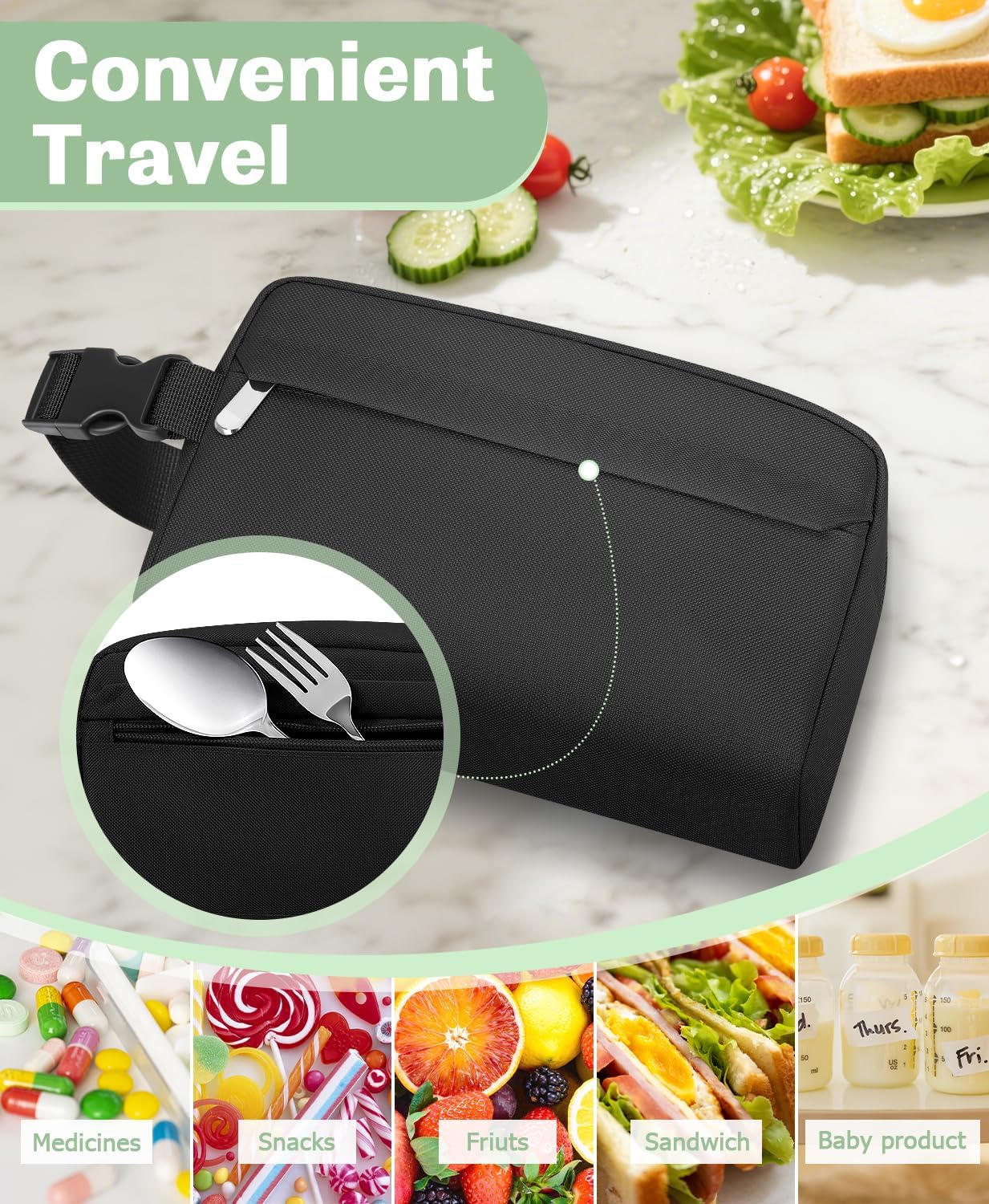 Skiennix Insulated Snack Bag - Reusable Lunch Box Cooler for Kids & Adults | Collapsible, Black, 3L Capacity