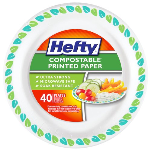 Hefty Compostable Small Paper Plates, 6 Inches, 40 Count, Patterned Disposable Plates for Desserts, Appetizers, and Small Bites, Soak-Resistant, Made with Plant-Based Materials, Microwave Safe