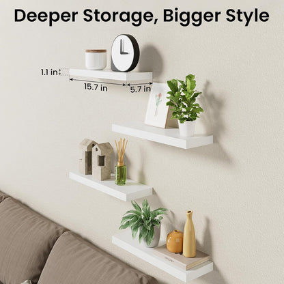 BAYKA Floating Wall Shelves - Rustic Wood Design for Home Decor | 15.7in, Set of 4, 22lbs Capacity (White)