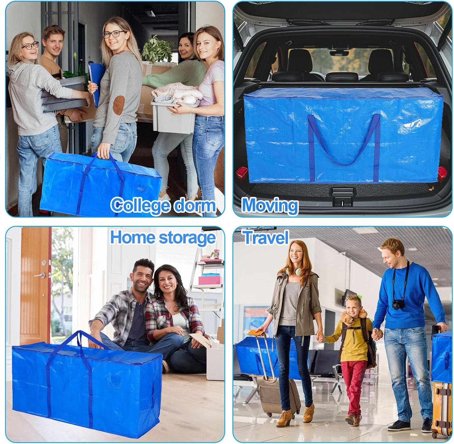 Bigmeta 66 Gallon Extra Large Moving Bags - Heavy Duty Zippered Storage Bag for Travel & Home Use, Blue