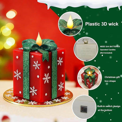 Christmas Flameless Gift Box Candle with Remote Timer - Hand-Painted Real Wax, Red