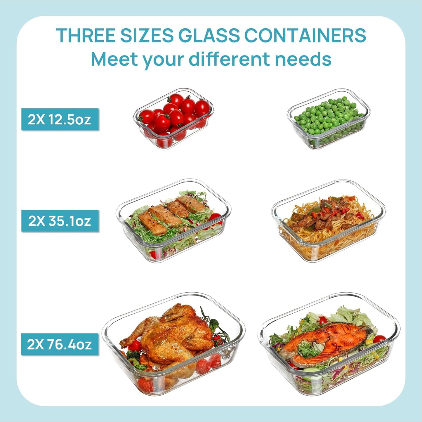 Vtopmart Extra Large Glass Food Storage Containers - 6 Pack Airtight Meal Prep Set | 2.26L/76oz