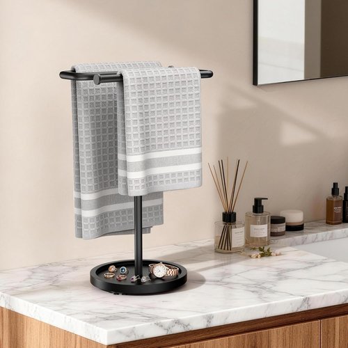 Aetyord Adjustable Hand Towel Holder - S-Shaped Stainless Steel Rack with Wood Base | Free-Standing Design for Bathroom & Kitchen