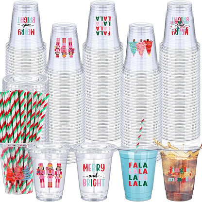 12 oz Christmas Cups with Red & Green Straw Pack of 50 - Disposable Plastic Cups with Lids, Jingmore Variation: Red and Green+12 Ounces