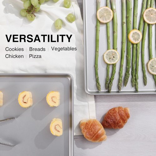 HONGBAKE Nonstick Half Baking Sheet Pan Set of 2 | Heavy Duty Cookie Trays - Dishwasher Safe, Silver