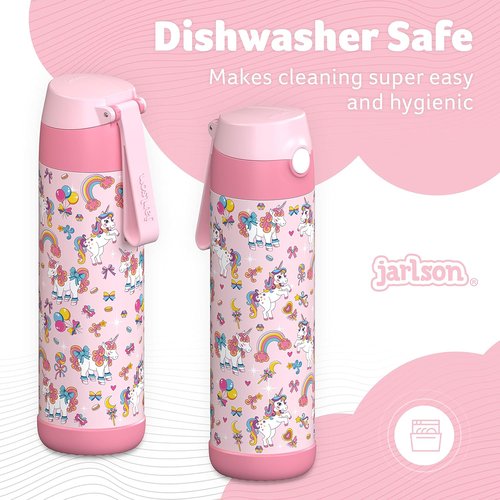 Jarlson® Kids Water Bottle CHARLI | 18oz Stainless Steel Insulated Thermo Bottle with Straw - Spill Proof for School & Sports (Unicorn)
