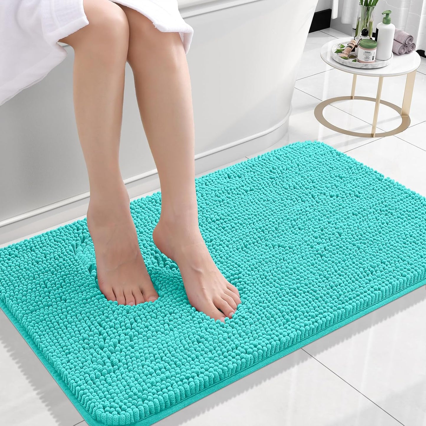 OLANLY Bath Rugs - Extra Soft Chenille, Quick-Dry & Absorbent | 24x16 Teal Machine Washable Mats