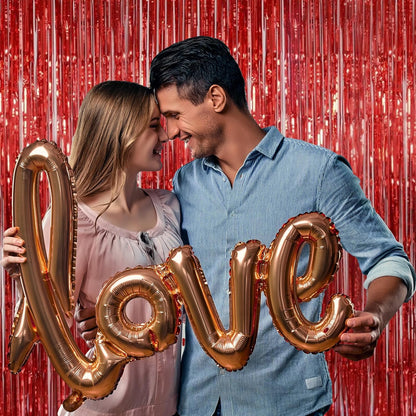 Melsan Red Tinsel Fringe Backdrop - 3.2 x 8 Ft Metallic Foil Curtains for Birthday & Photo Booth | 2 Packs