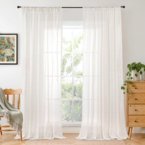 BGment Linen Semi Sheer Curtains 84 Inches Long 2 Panels Set for Living Room - Ivory Light Filtering Drapes with Rod Pocket Textured Lightweight Window Treatments for Bedroom, 52 X 84 Inch