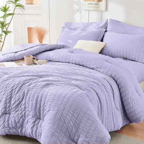 HYMOKEGE Light Purple Queen Comforter Set Seersucker 7 Pieces, All Season Luxury Bed in a Bag Queen for Bedroom, Bedding Set with Comforter, Sheets, Pillowcases & Shams