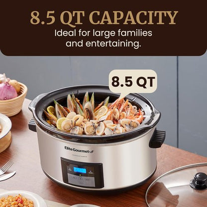 Elite Gourmet MST-900D 8.5Qt Digital XL Slow Cooker - Adjustable Temp for Perfect Entrees & Sauces