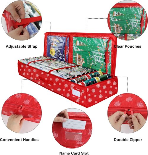 Gift Wrap Storage Organizer by Christmas | Heavy-Duty 600D Underbed Bag with Pockets for Holiday Accessories