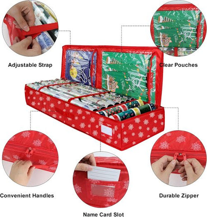 Gift Wrap Storage Organizer by Christmas | Heavy-Duty 600D Underbed Bag with Pockets for Holiday Accessories