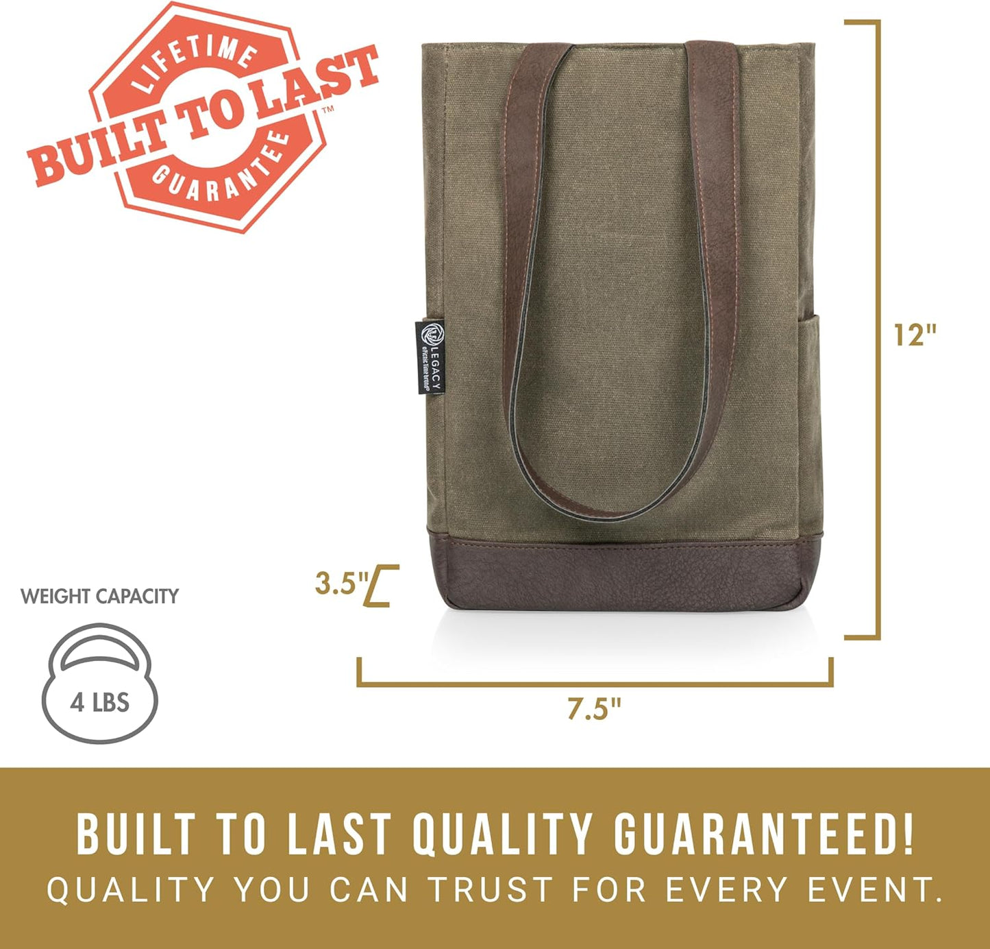 PICNIC TIME 2 and 3 Bottle Insulated Wine Bag, Distressed Waxed Canvas Wine Tote, Durable Bottle Carrier Bag for Gifts and Travel with Side Pockets & Removable Divider (Khaki Green with Brown Accents)