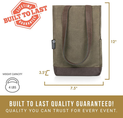 PICNIC TIME 2 and 3 Bottle Insulated Wine Bag, Distressed Waxed Canvas Wine Tote, Durable Bottle Carrier Bag for Gifts and Travel with Side Pockets & Removable Divider (Khaki Green with Brown Accents)