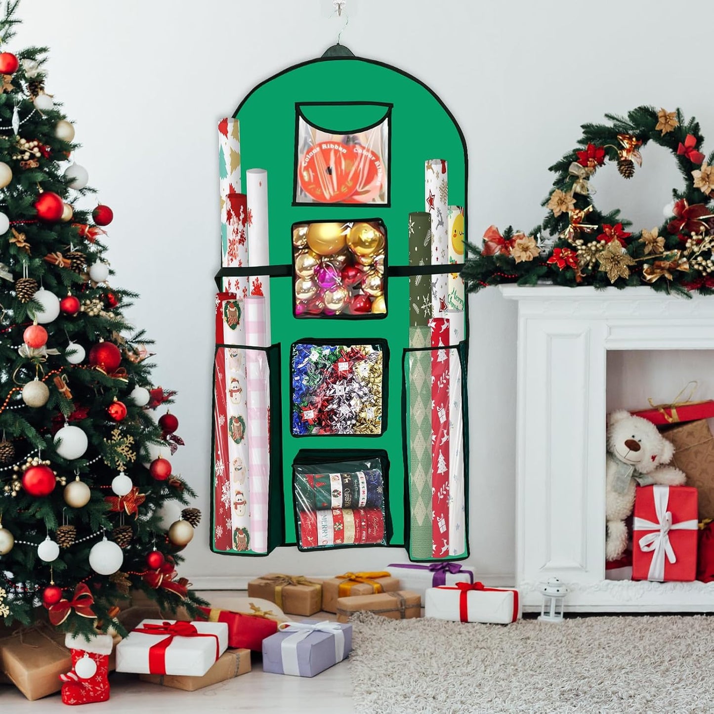 Skiennix Gift Wrapping Paper Organizer - Double-Sided Over The Door Storage | 48x24 Inch, Green