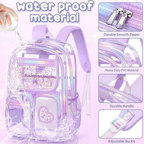 Fimibuke Clear Backpack - Heavy Duty PVC Transparent Bookbag for Girls | Includes Lunch Box & Pencil Case