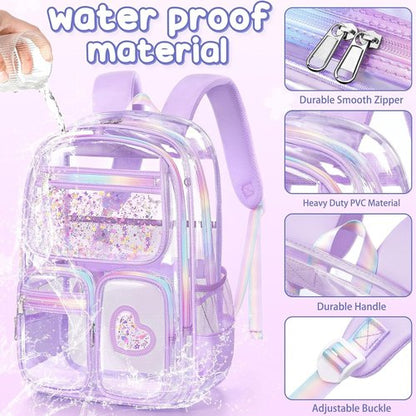 Fimibuke Clear Backpack - Heavy Duty PVC Transparent Bookbag for Girls | Includes Lunch Box & Pencil Case