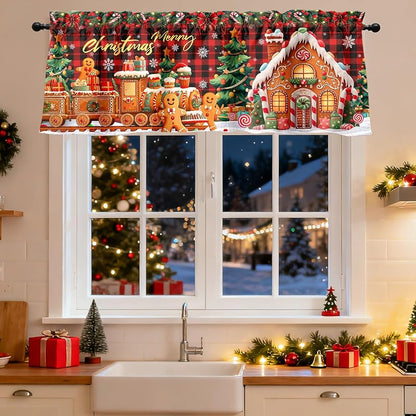 Gingerbread 2-Pack Christmas Valance Curtain 51x18 in - Peachskin Velvet, Rod Pocket