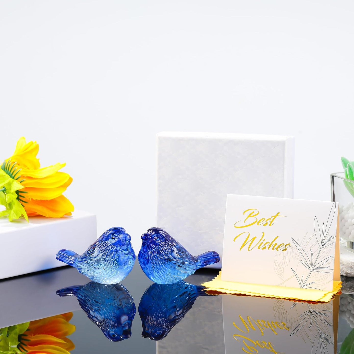 Qianwei Crystal Bird Figurine Set - Handmade Blown Glass Blue Birds for Office Desk Decor | 2-Piece Collectible