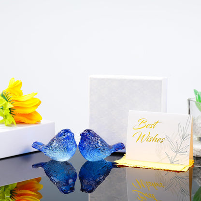 Qianwei Crystal Bird Figurine Set - Handmade Blown Glass Blue Birds for Office Desk Decor | 2-Piece Collectible