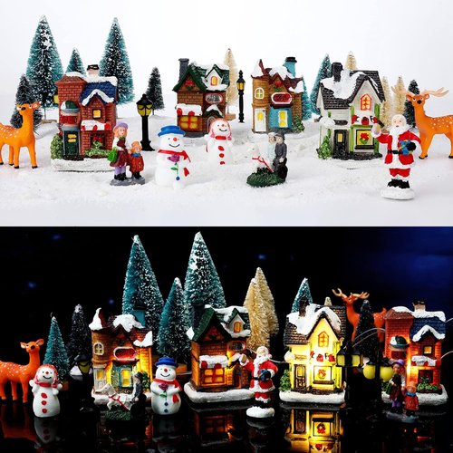 Gerrii Christmas Village Figurines Set - 31 Pcs LED Lighted Houses & Snow Blanket for Festive Decor