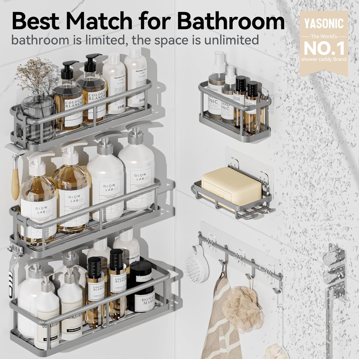 YASONIC Shower Caddy - 6 Pack Large Capacity Organizer with Soap Holder & 12 Hooks | Rustproof Grey Shelves