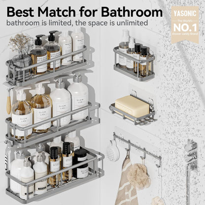 YASONIC Shower Caddy - 6 Pack Large Capacity Organizer with Soap Holder & 12 Hooks | Rustproof Grey Shelves