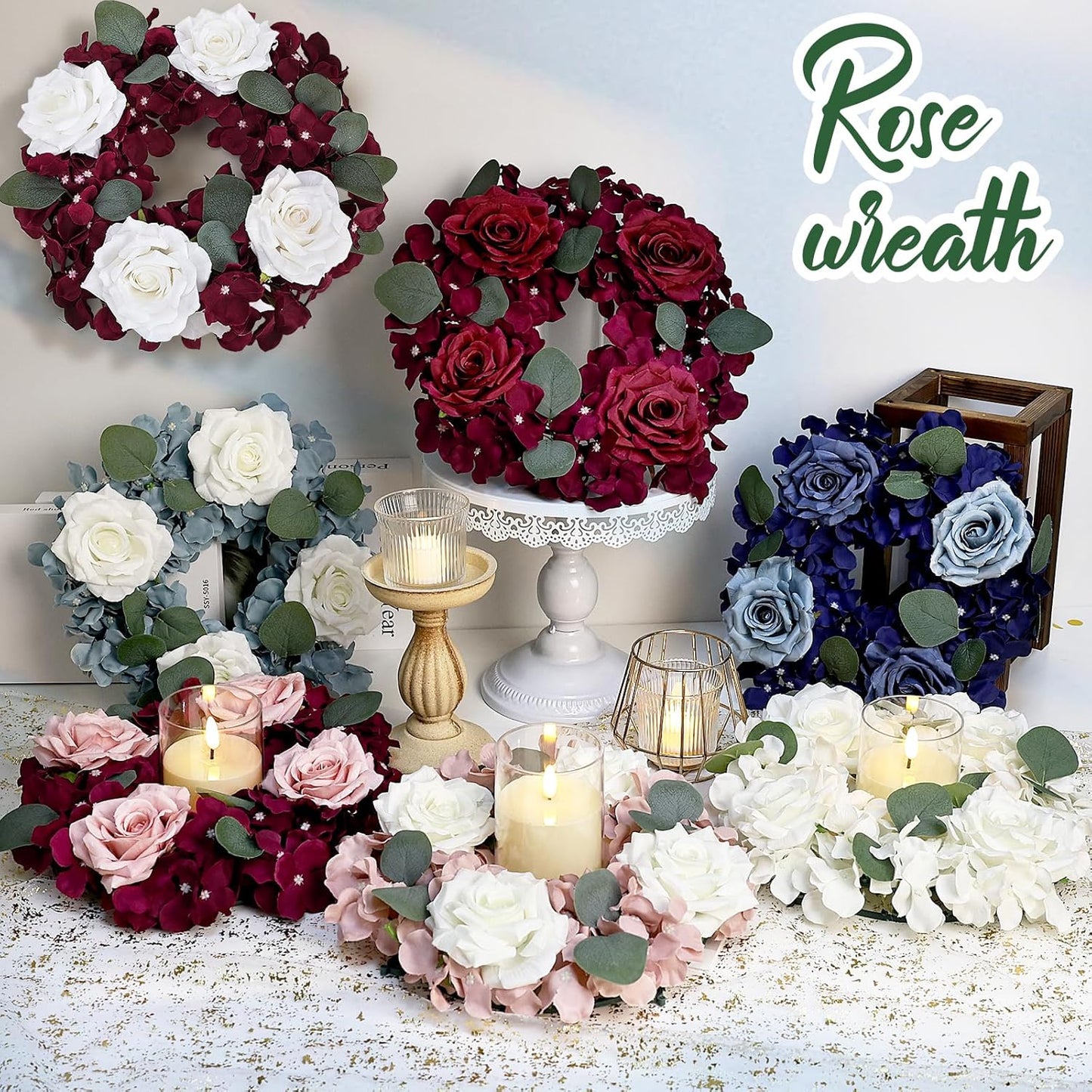 Skiennix Artificial Flower Candle Rings - 6-Inch Rose Floral Wreaths with Butterflies | Burgundy & Dusty Pink