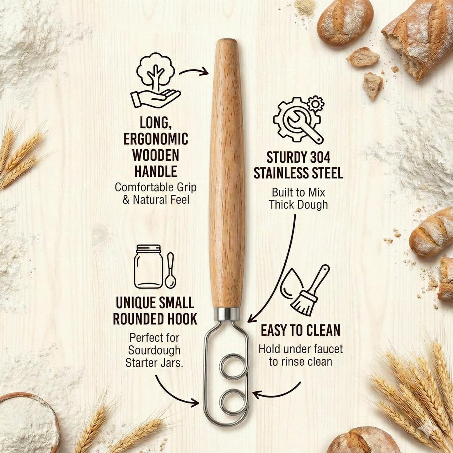 New England Sourdough Starter Co. Sourdough Starter Stirring Hook - Small Size for Jars | Enhance Mixing for Superior Baking Results