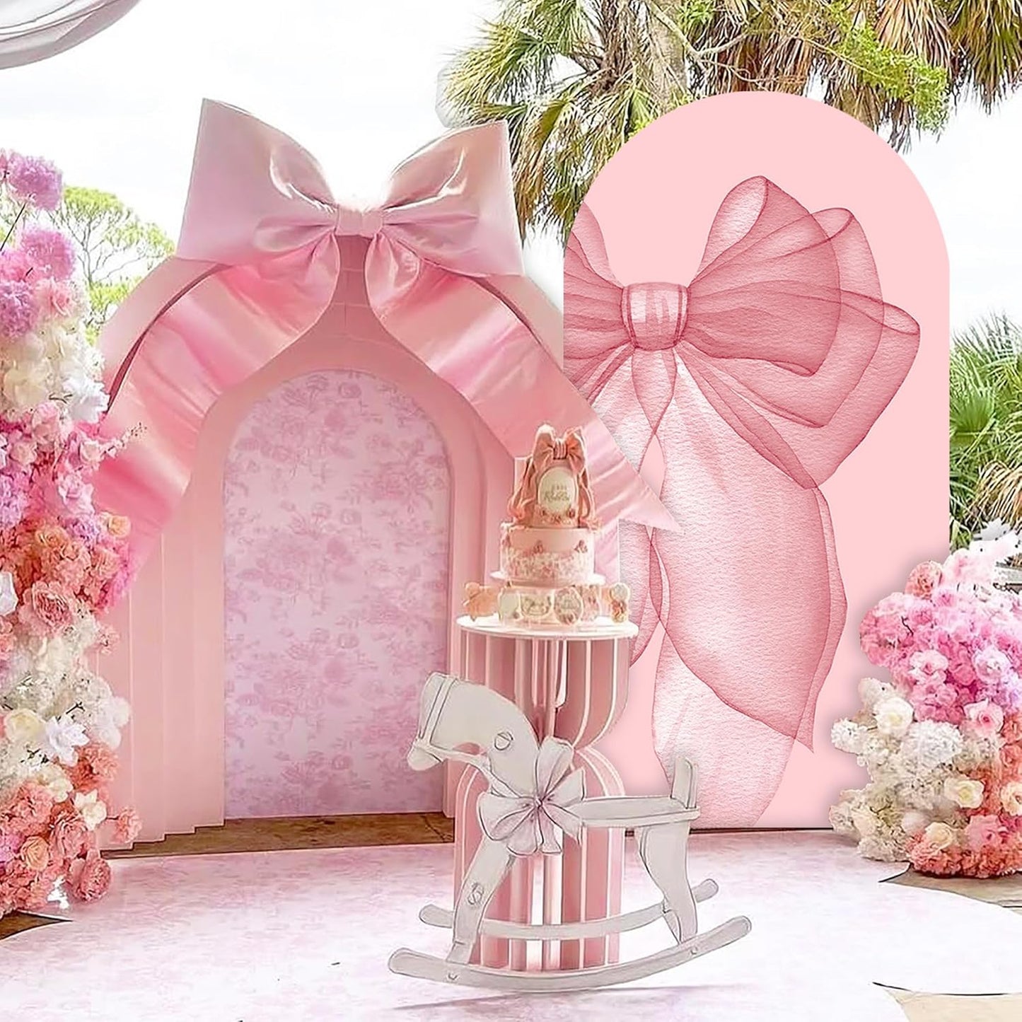 Sensfun Pink Bow Arch Backdrop - 2-Sided Pastel Pink Bowknot Cover for Birthday & Wedding Decor | 2.6x6ft