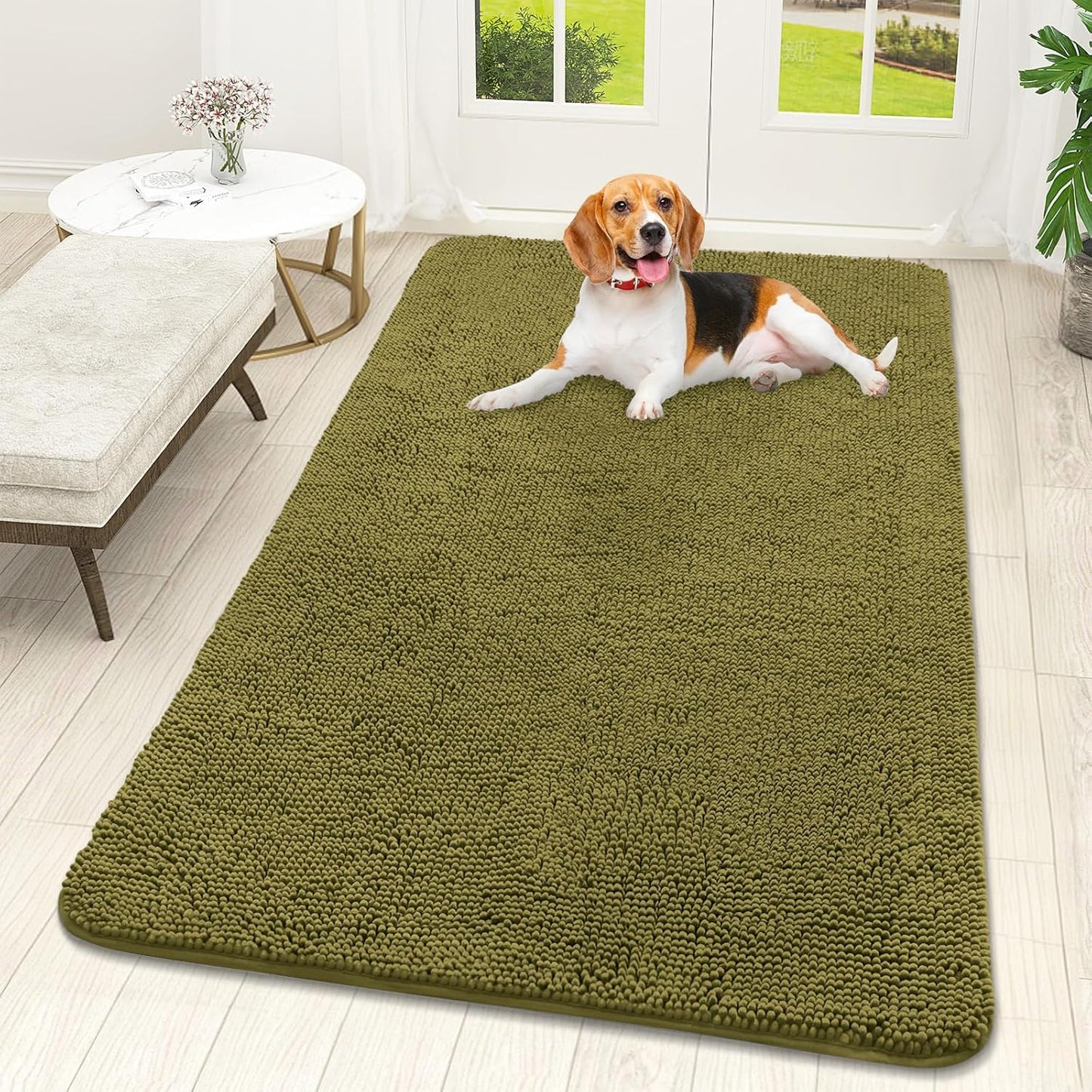 OLANLY Dog Door Mat - Absorbent Non-Slip Chenille for Muddy Paws | 59x32 Inches, Quick Dry, Willow Green