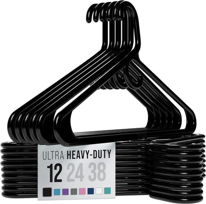 Neaterize Heavy Duty Black Plastic Clothes Hangers - 12 Pack for Coats, Jackets & Suits | Essential Closet Organizer