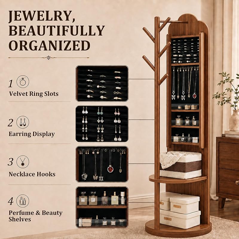 Full Length Mirror with Coat Rack & Storage – 66" L x 18" W Walnut Brown, 360° Rotating Solid Wood