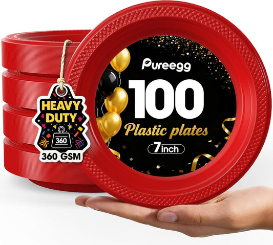 Pureegg 7-Inch Red Plastic Dessert Plates - 100-Count, BPA-Free Disposable Party Plates for Events & Picnics