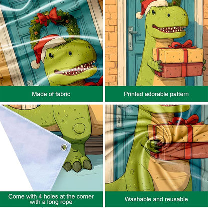 Green Dinosaur Christmas Door Banner 70.8 x 35.4 Inch - Indoor/Outdoor Holiday Decor