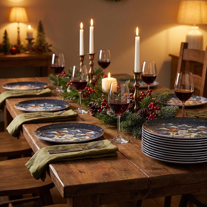Snowhouse 10-Inch Christmas Plates Set of 12 – Melamine Dinnerware, Outdoor Friendly